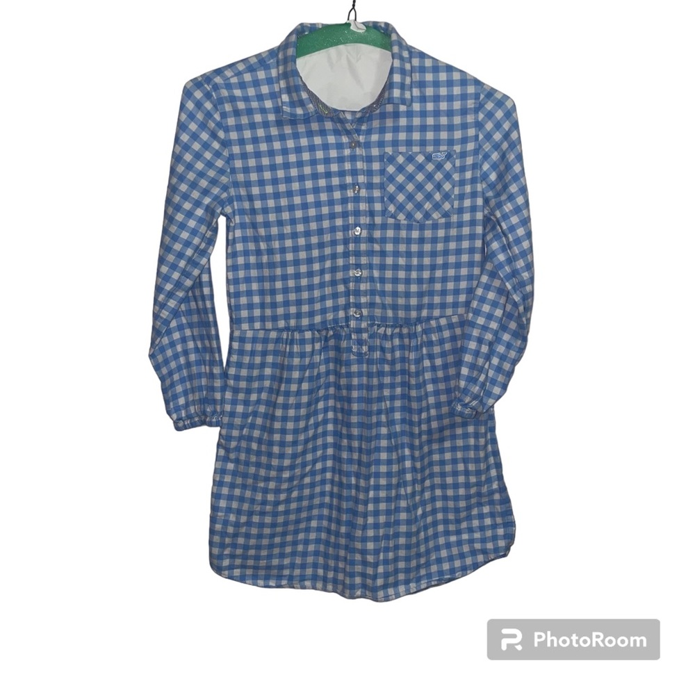 Vineyard Vines Girls' Bay Gingham Shirt Dress 14 White Blue Plaid Button
